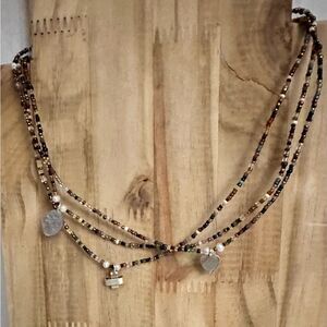 Multi-Strand Brown Beaded Necklace with Heart and Cross Charms